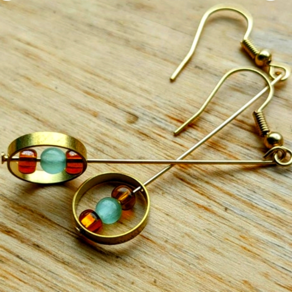 Circular Bronze Earrings with Glass Beads
